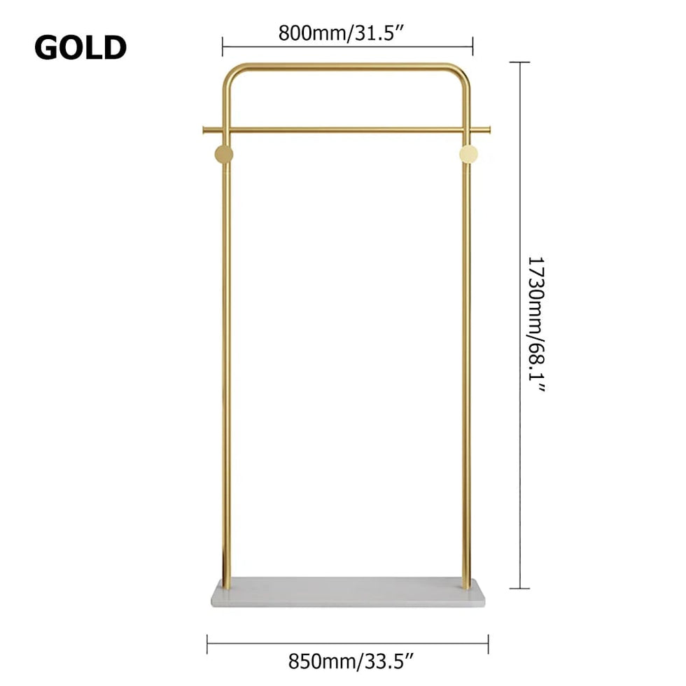 HMR - Metal Freestanding Cloth Rail Rack with Hooks and Marble Base in Gold
