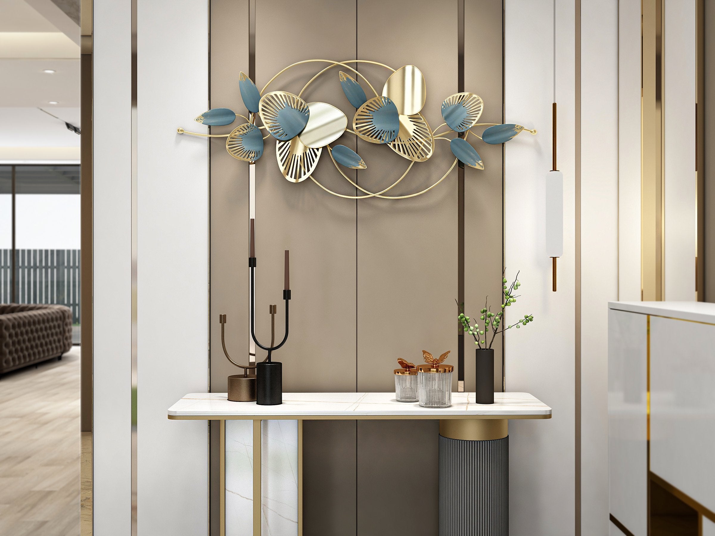 HMR - Minimalist 3D Hollow-out Metal Leaves Wall Decor in 53.5"L x 19.7"H