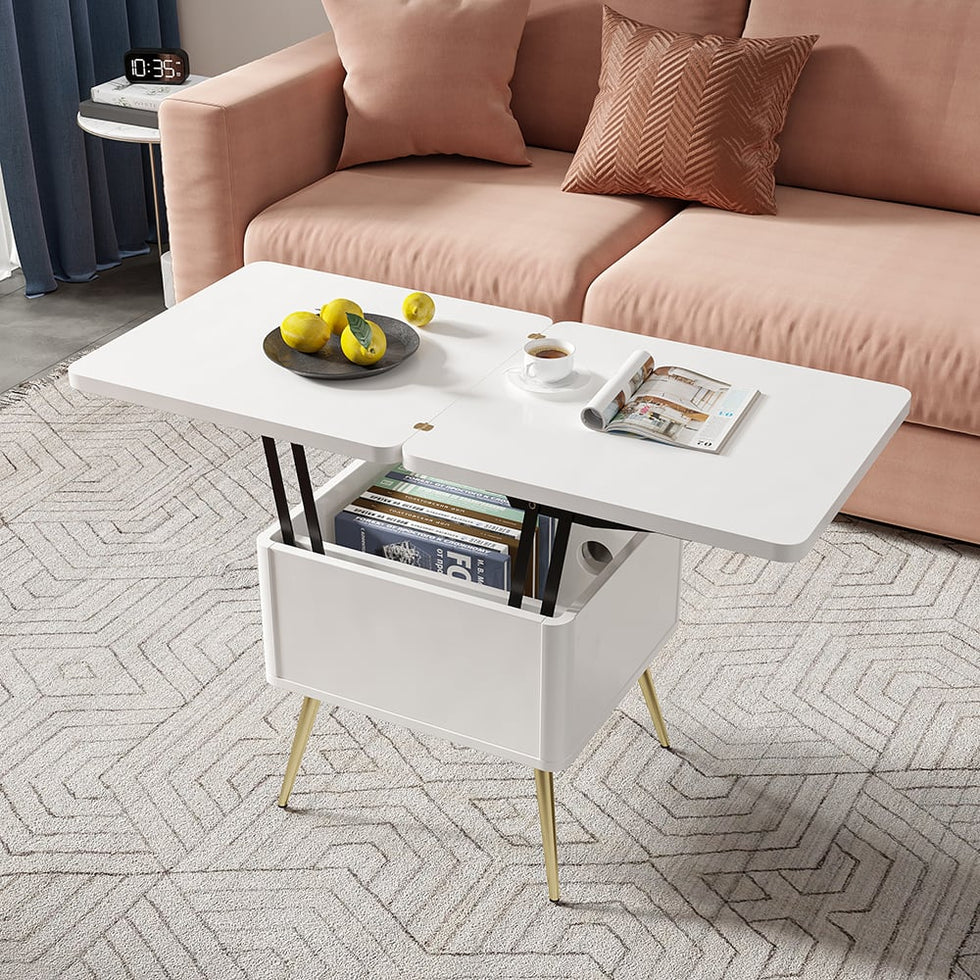 HMR - Modern Multi-functional Coffee Table Extendable with Storage & Lift Top in White
