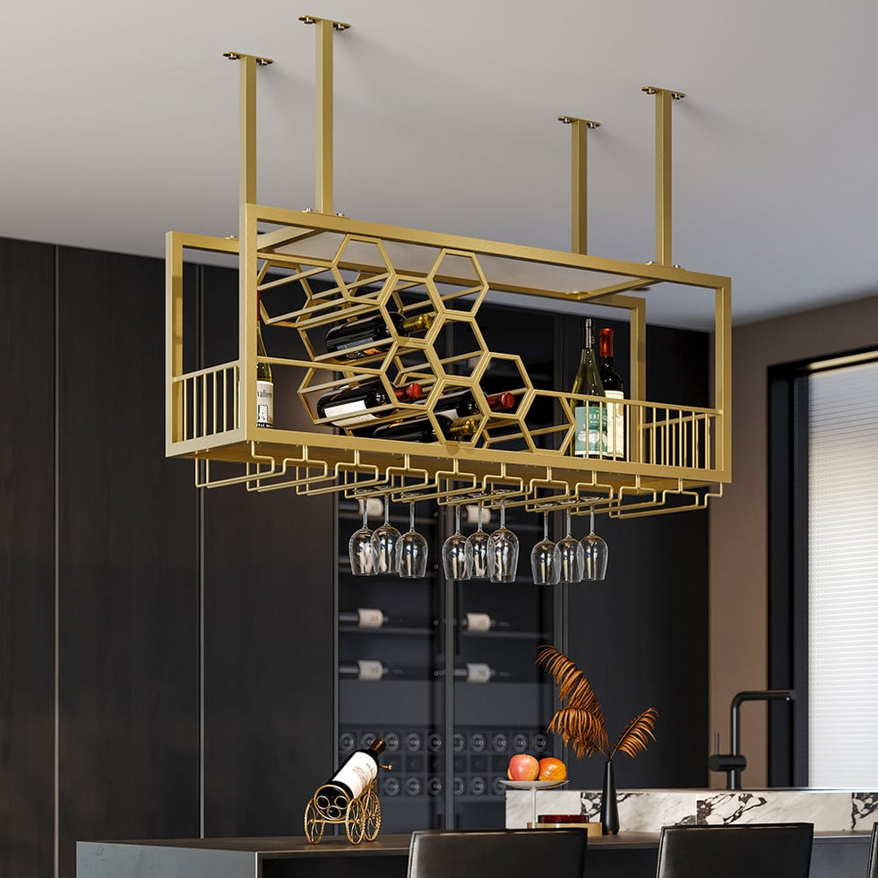 HMR - 38'' Metal Hanging Wine Rack Golden Bar Shelf Floating Wine Glass Holder