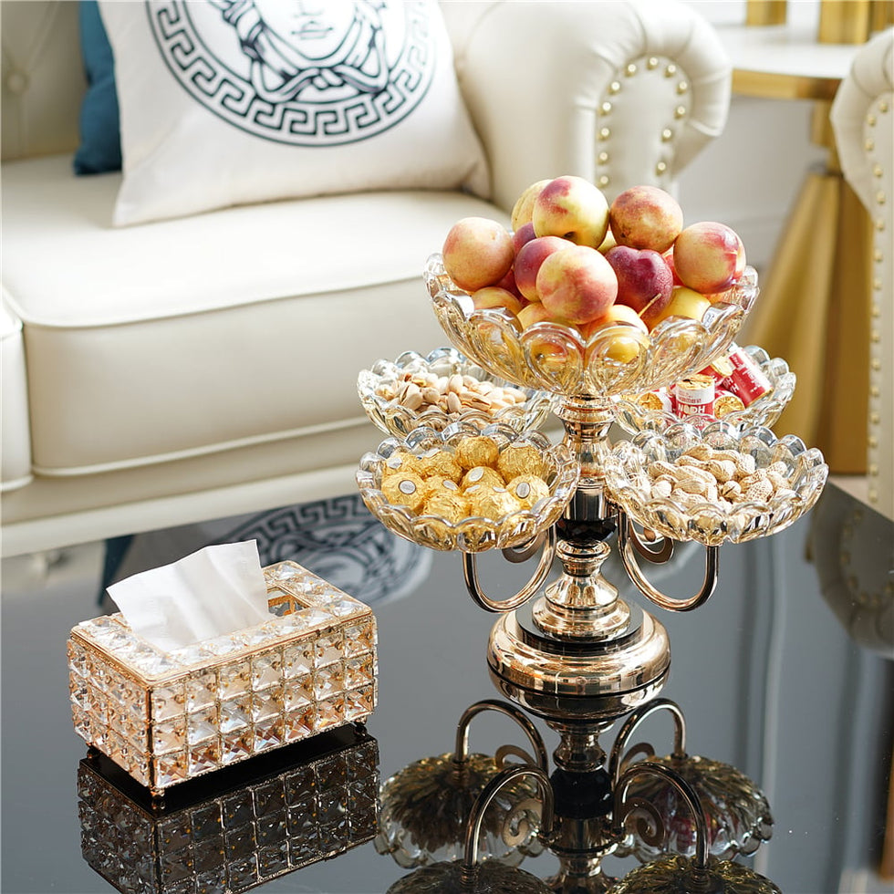 HMR - Rotatable Glass Fruit Basket Multilayer Decor Bowl with Base in Rose Gold