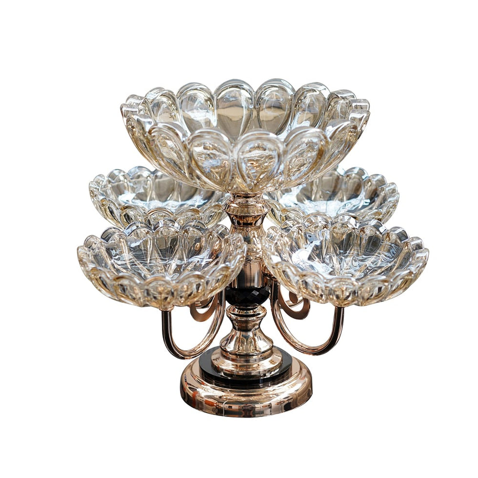 HMR - Rotatable Glass Fruit Basket Multilayer Decor Bowl with Base in Rose Gold