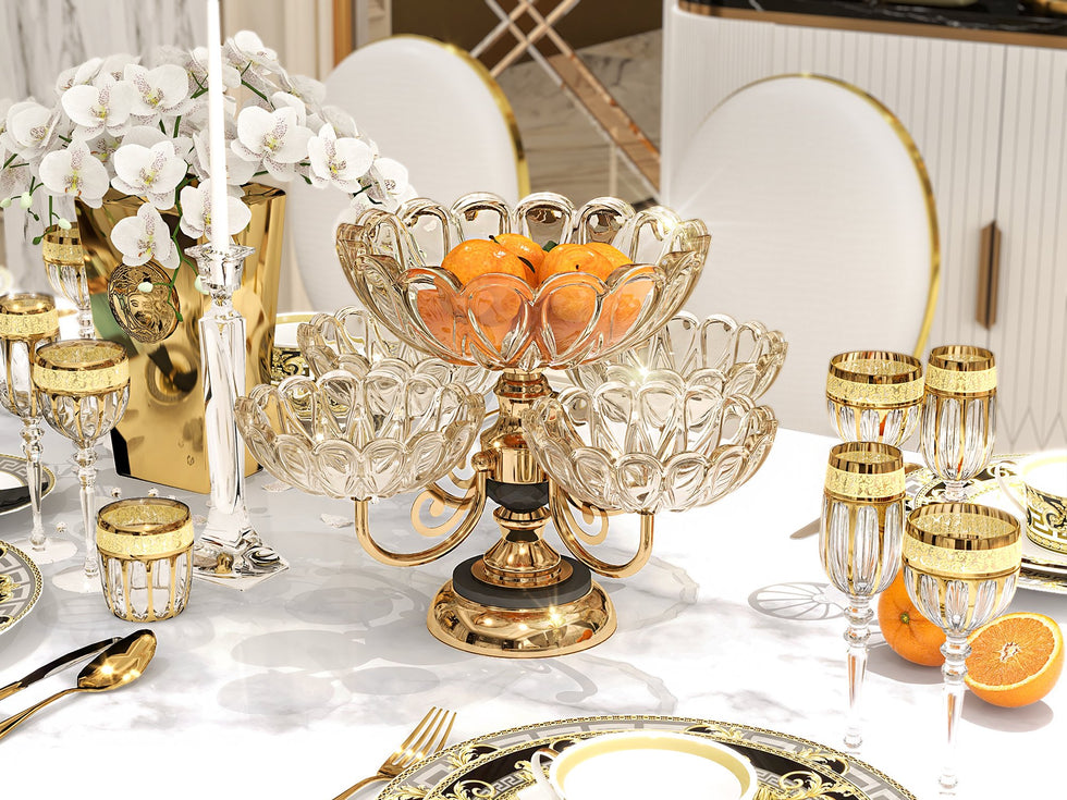 HMR - Rotatable Glass Fruit Basket Multilayer Decor Bowl with Base in Rose Gold