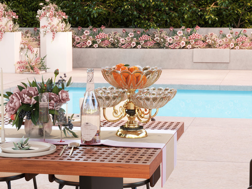 HMR - Rotatable Glass Fruit Basket Multilayer Decor Bowl with Base in Rose Gold