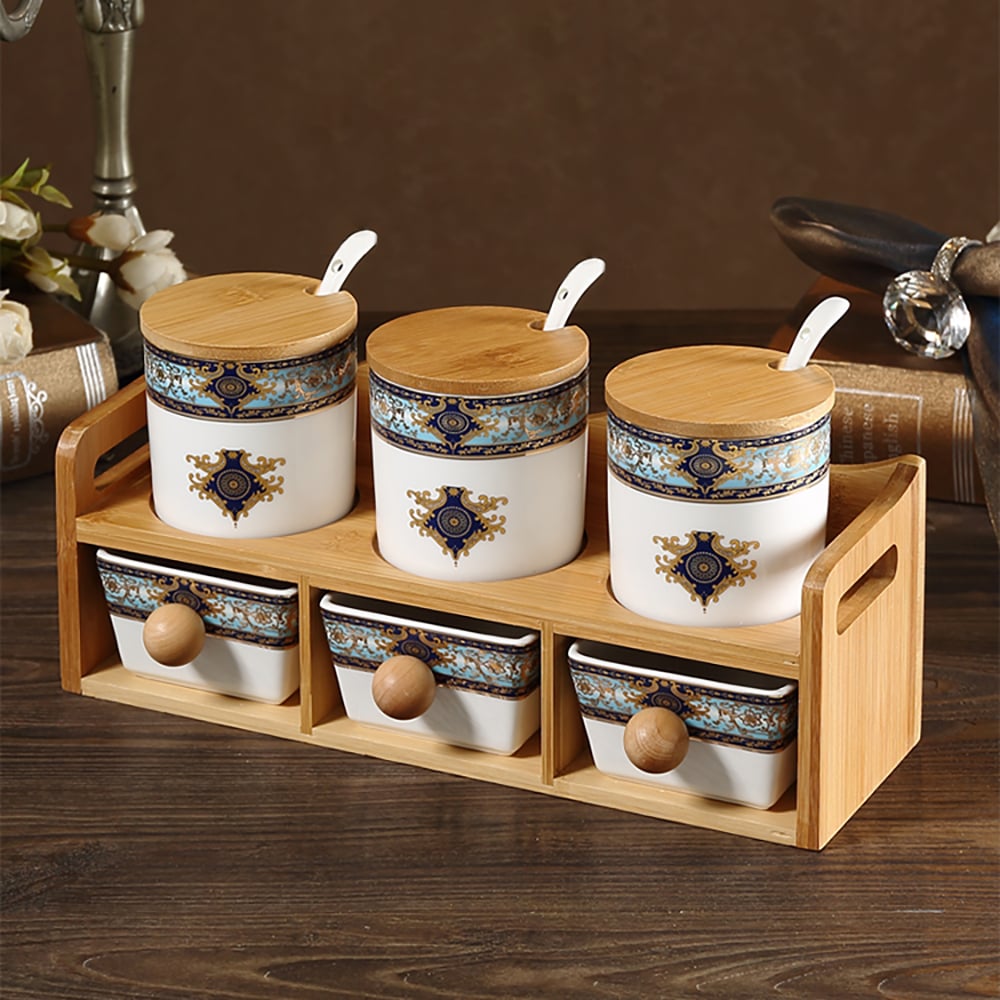 HMR - 2-Tier 6 Jar Spice Seasoning Jar & Rack Set Ceramic Organizers with Lid in White