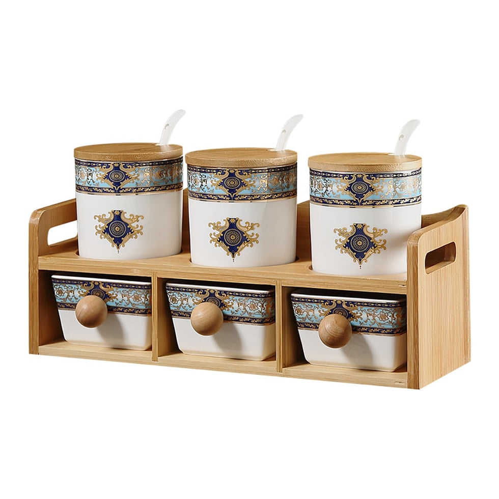 HMR - 2-Tier 6 Jar Spice Seasoning Jar & Rack Set Ceramic Organizers with Lid in White