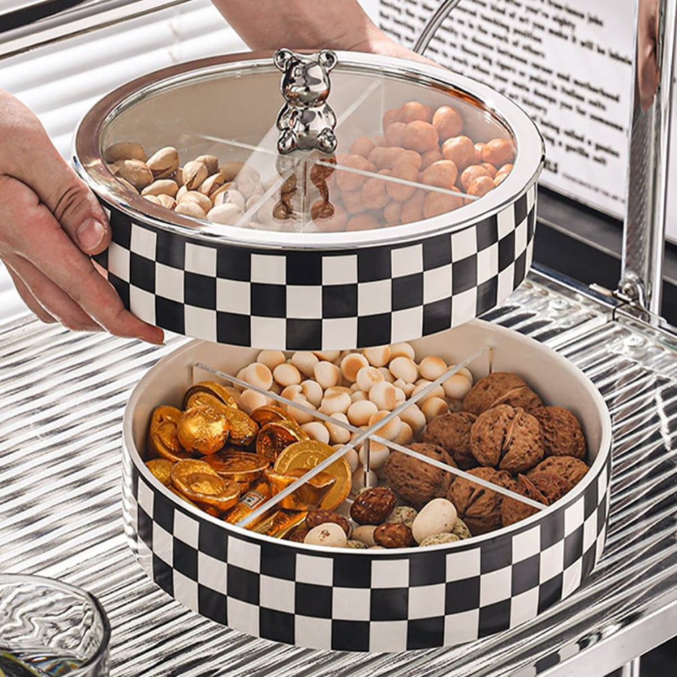HMR - Modern 8.9" Divided Serving Tray with Lid 2 Tiered Snack Tray Food Storage Containers