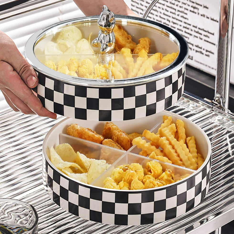 HMR - Modern 8.9" Divided Serving Tray with Lid 2 Tiered Snack Tray Food Storage Containers