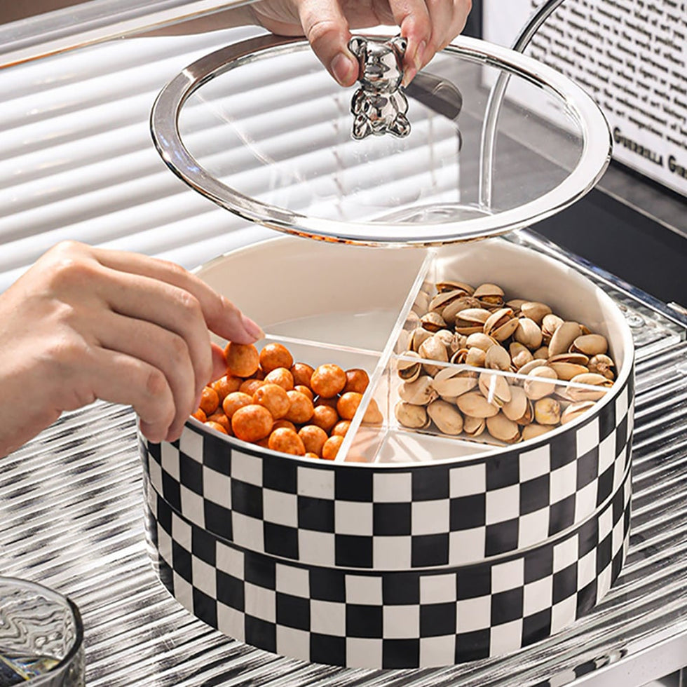 HMR - Modern 8.9" Divided Serving Tray with Lid 2 Tiered Snack Tray Food Storage Containers