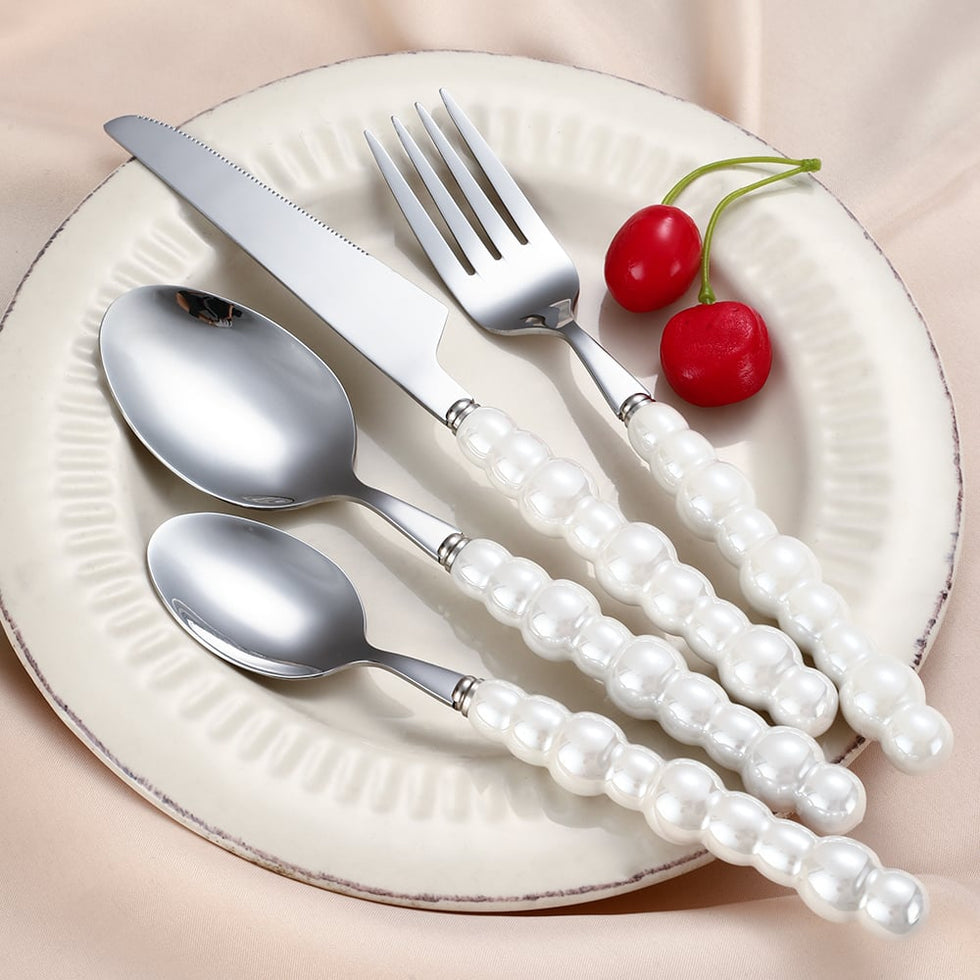 HMR - Modern Flatware Set for 4 Ceramic Unique White Pearl 16-Piece Cutlery Set