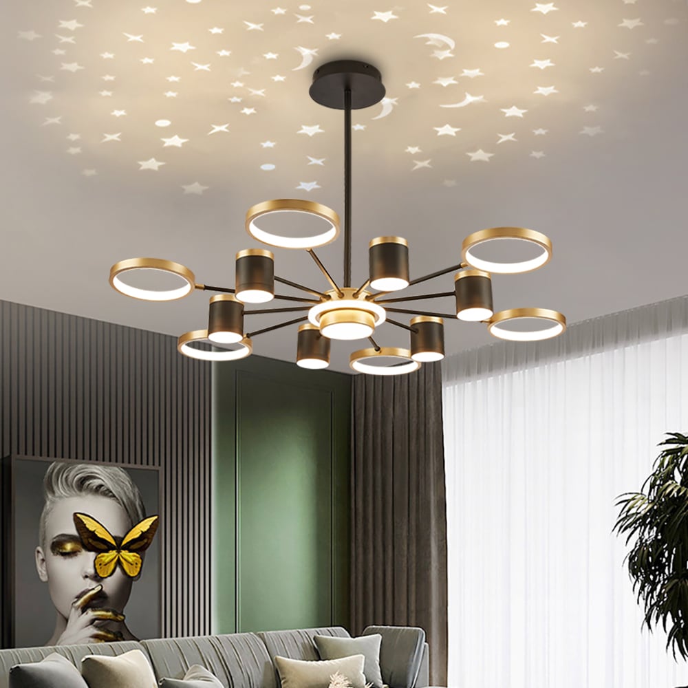 HMR - Nordic 12-Light Black & Gold Chandelier LED Ring Starry Reflection Light Dimmable