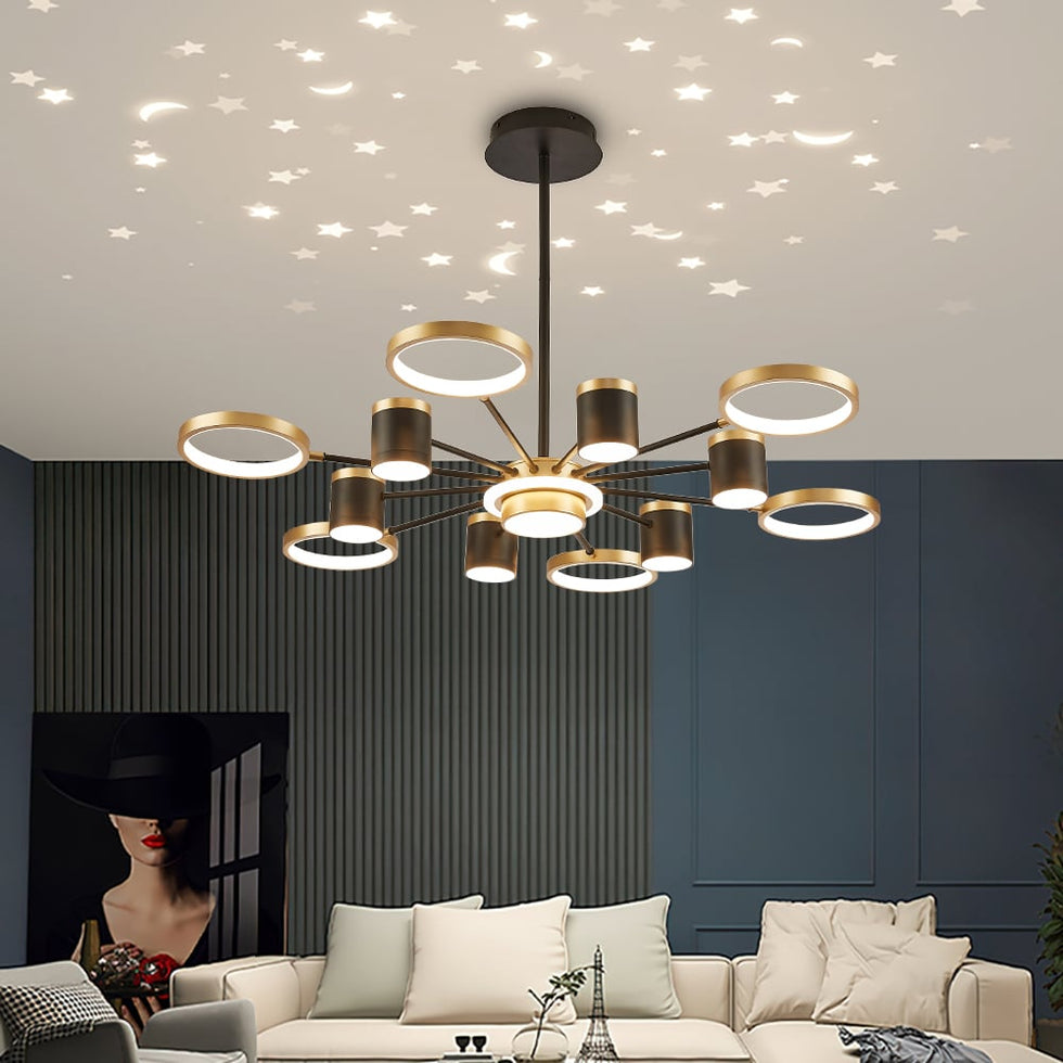 HMR - Nordic 12-Light Black & Gold Chandelier LED Ring Starry Reflection Light Dimmable