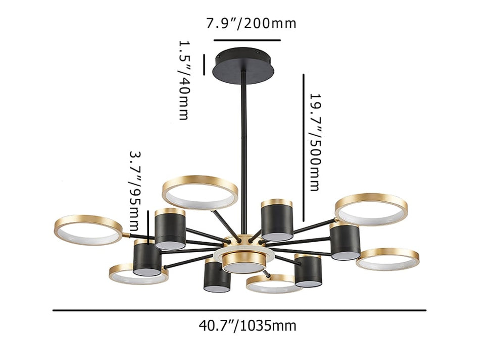 HMR - Nordic 12-Light Black & Gold Chandelier LED Ring Starry Reflection Light Dimmable