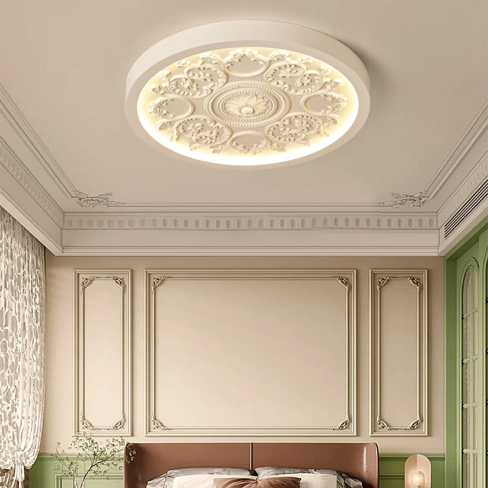 HMR - French Elegant White Resin 3D Carved LED 3 Modes Dimmable Flush Ceiling light
