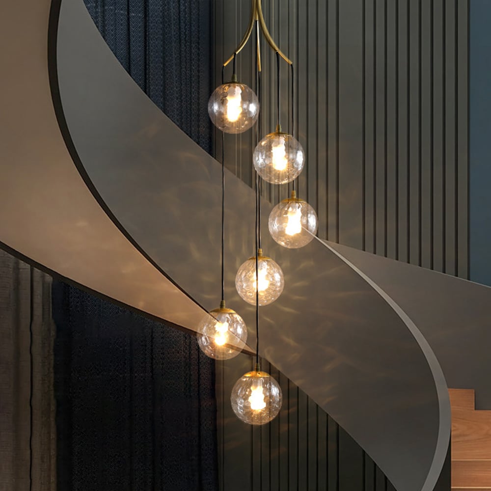 HMR - 6-Light LED Glass Entryway Foyer Bubble Chandelier Tiered Long Pendant Light in Gold