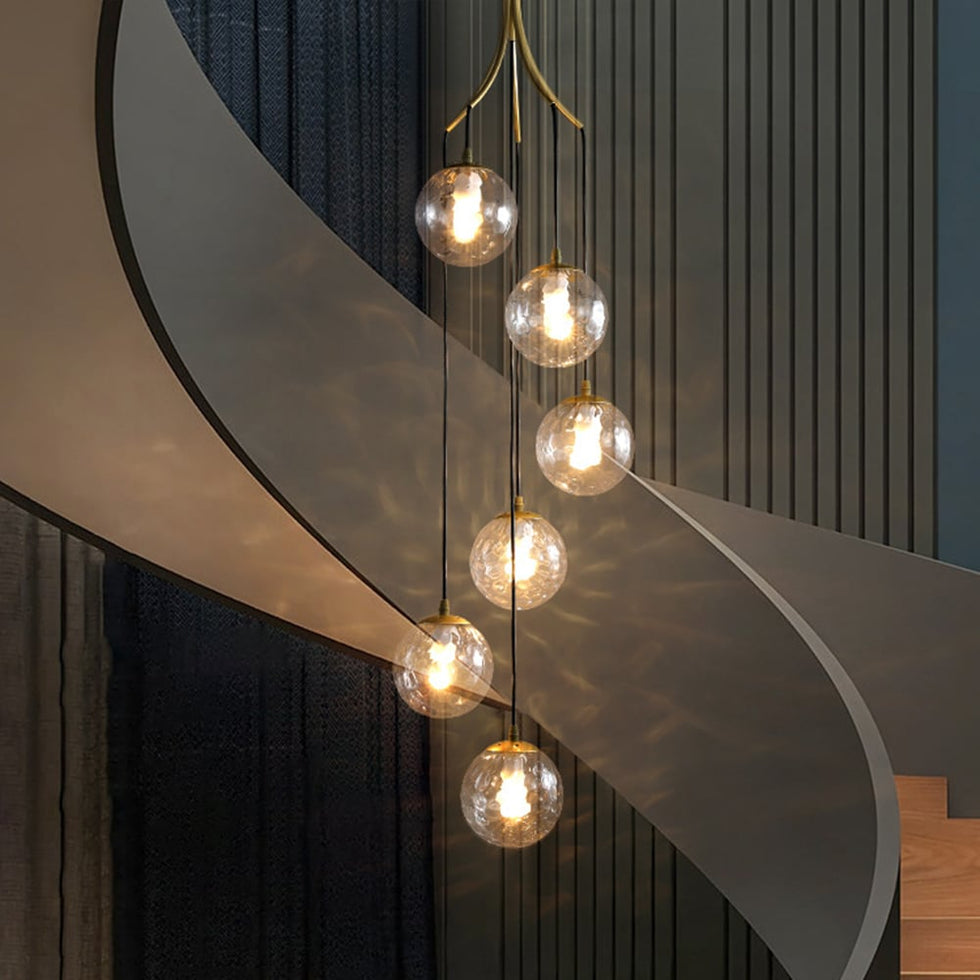 HMR - 6-Light LED Glass Entryway Foyer Bubble Chandelier Tiered Long Pendant Light in Gold