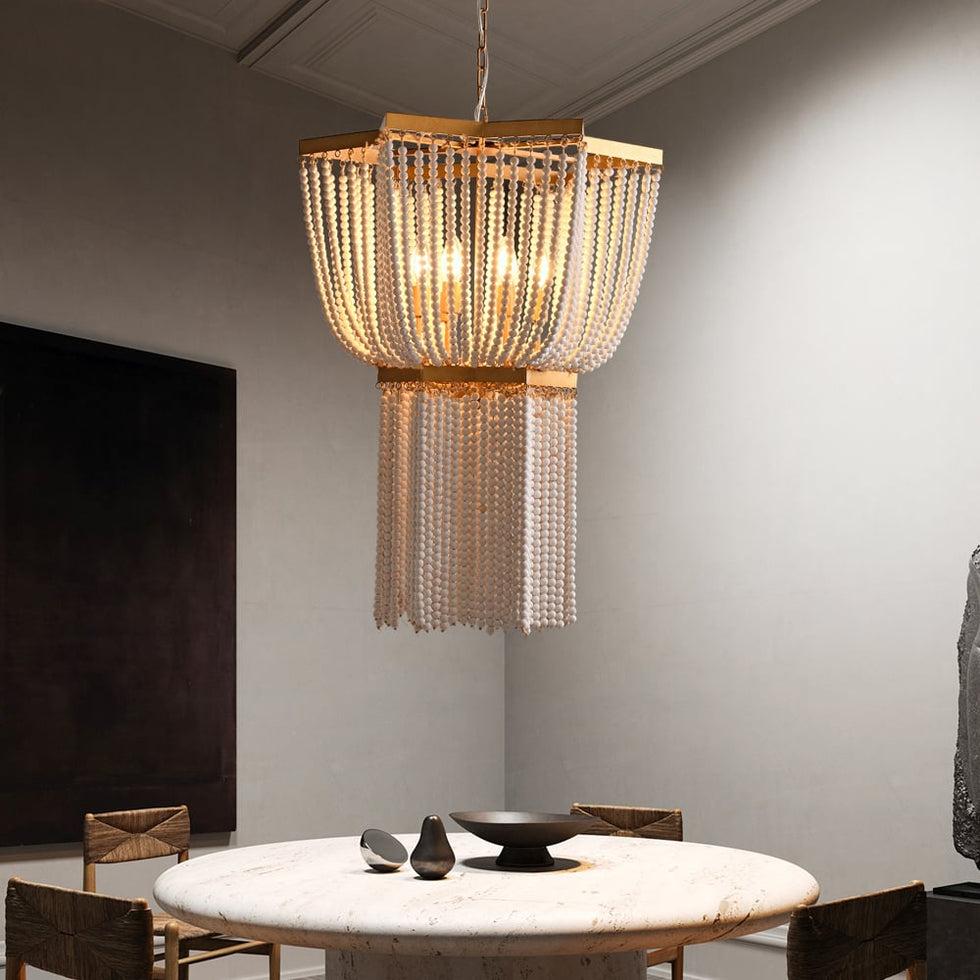 HMR - 6-Light Wooden Beaded Tassel Chandelier with Star Shaped in Gold for Living Room
