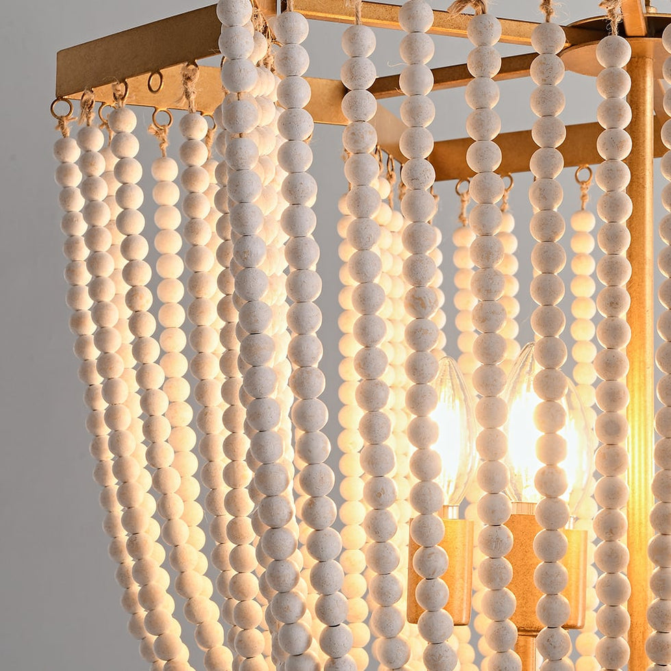 HMR - 6-Light Wooden Beaded Tassel Chandelier with Star Shaped in Gold for Living Room