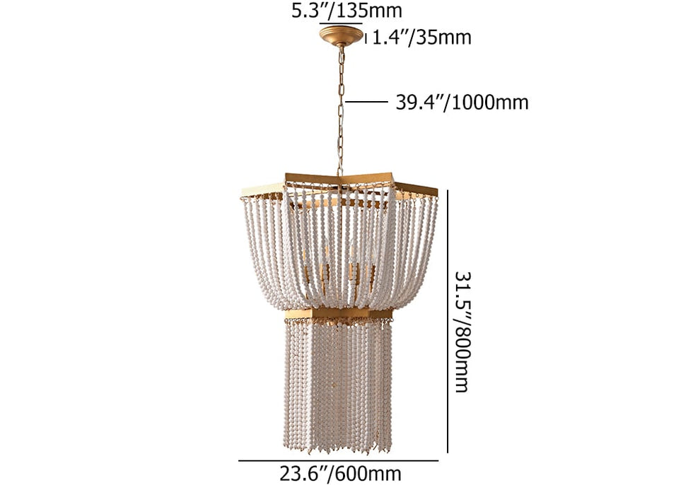 HMR - 6-Light Wooden Beaded Tassel Chandelier with Star Shaped in Gold for Living Room