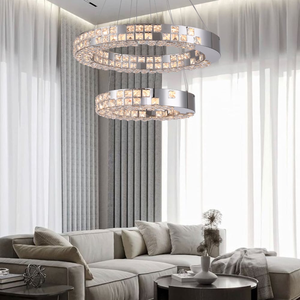 HMR - K9 Crystal Silver Stainless Steel Ring Chandelier Double Layer Ceiling Light