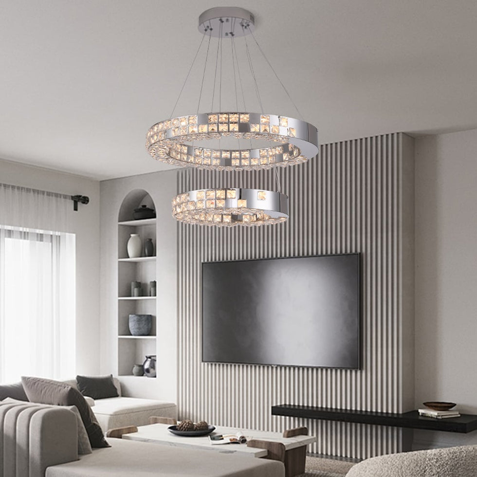 HMR - K9 Crystal Silver Stainless Steel Ring Chandelier Double Layer Ceiling Light