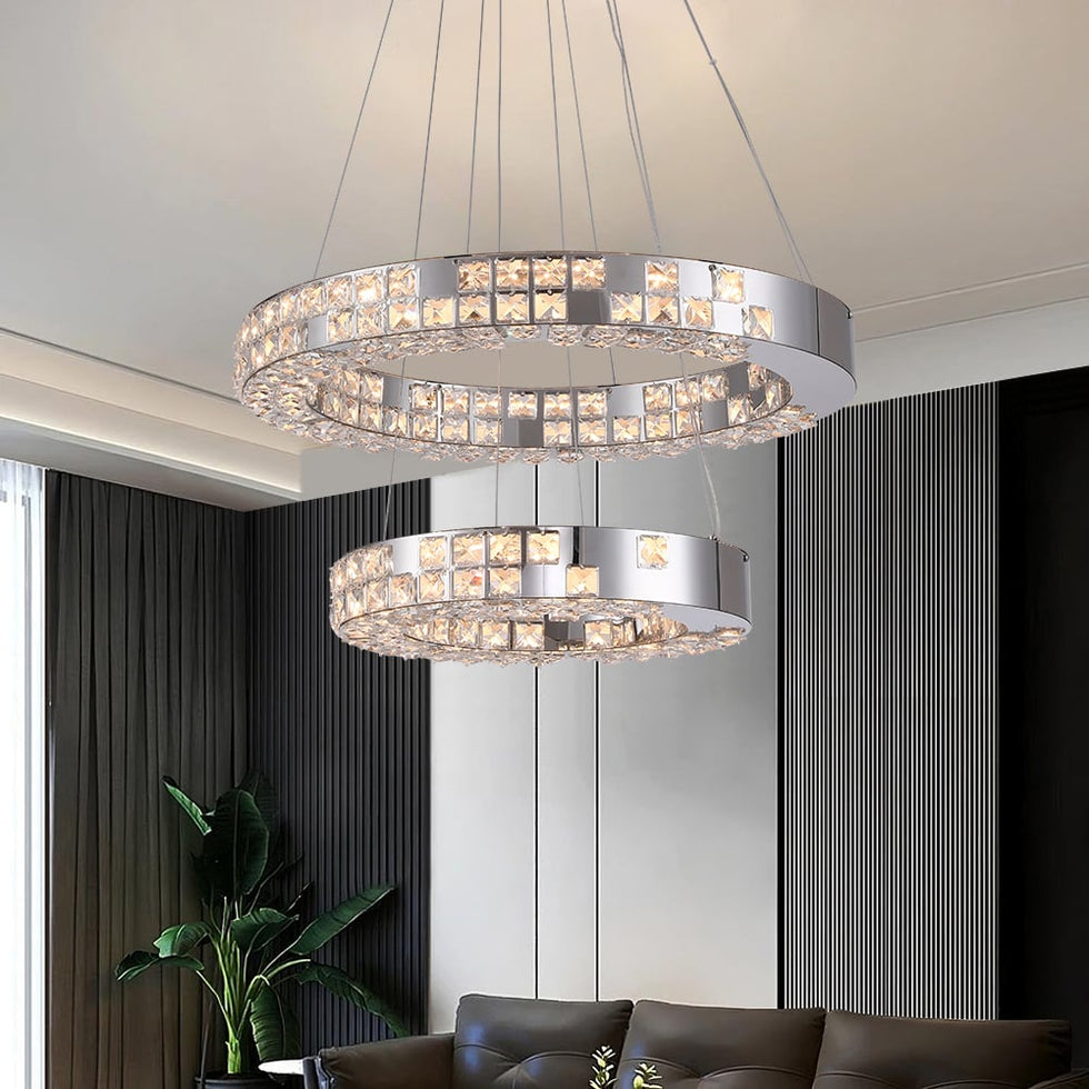 HMR - K9 Crystal Silver Stainless Steel Ring Chandelier Double Layer Ceiling Light