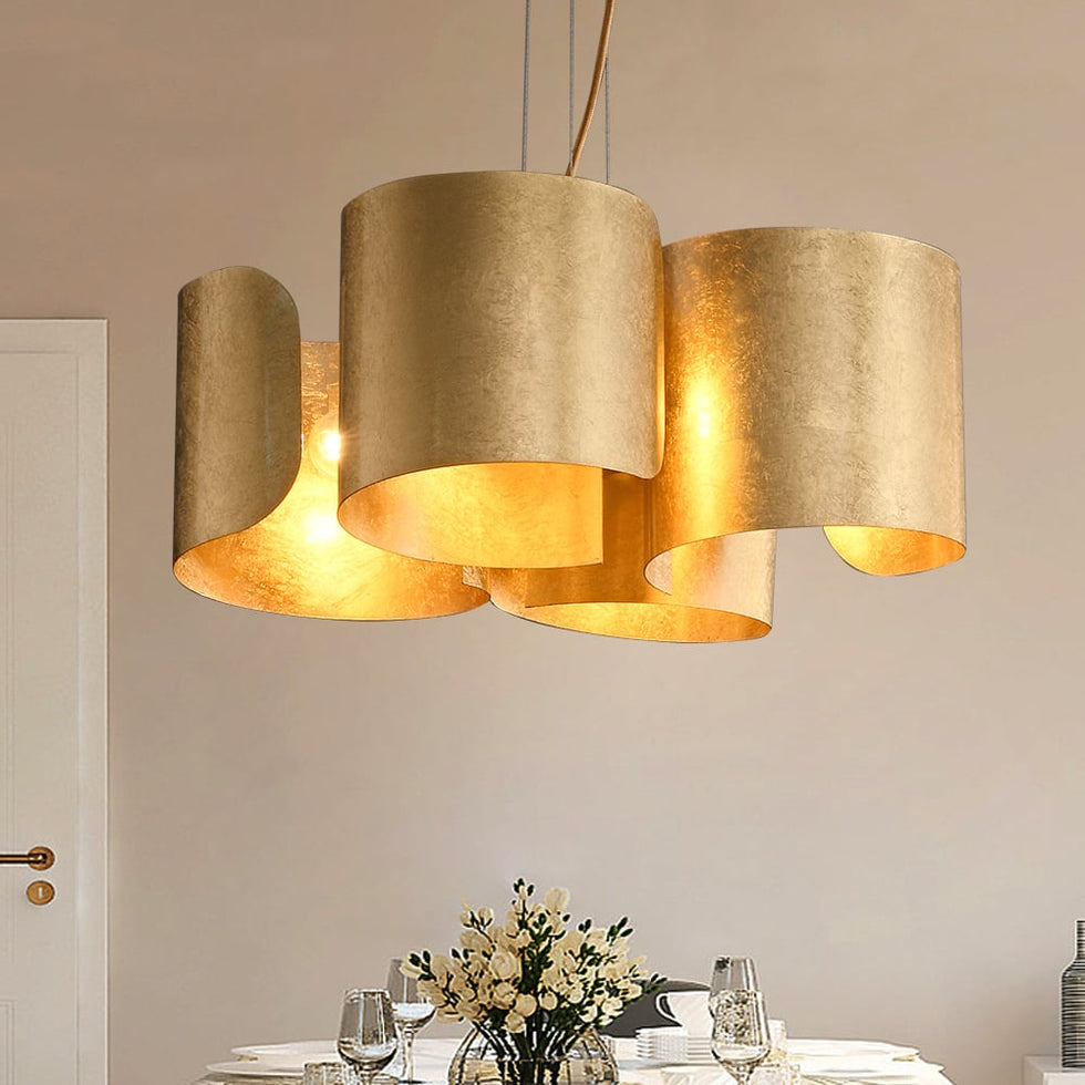 HMR - Glam Gold Chandelier 4-Light Drum Pendant Light Unique Scrolled Shape