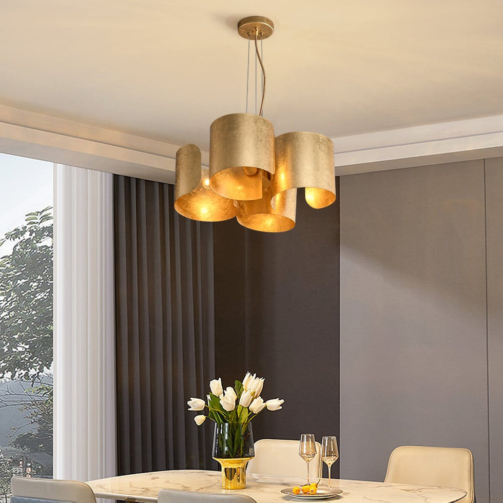 HMR - Glam Gold Chandelier 4-Light Drum Pendant Light Unique Scrolled Shape