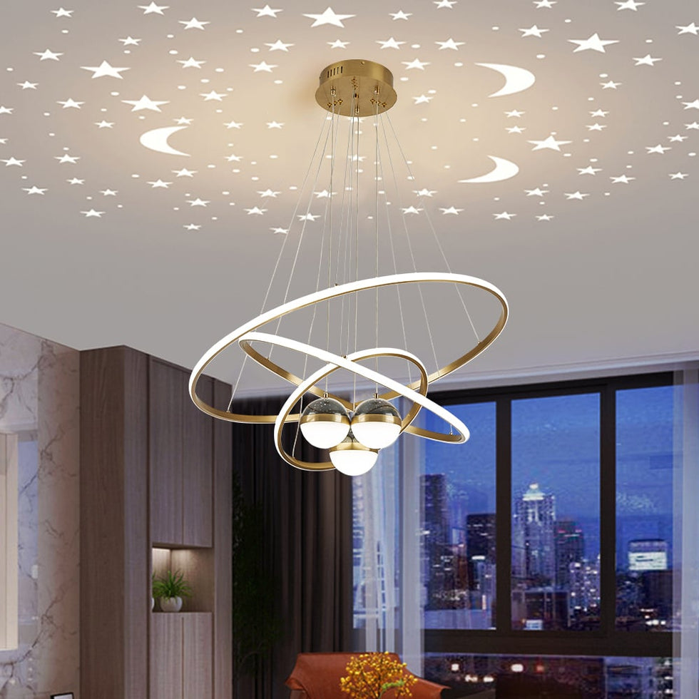 HMR - Modern Gold 3-Light LED Chandelier 3 Color Modes Remote Control Starry Reflection Light