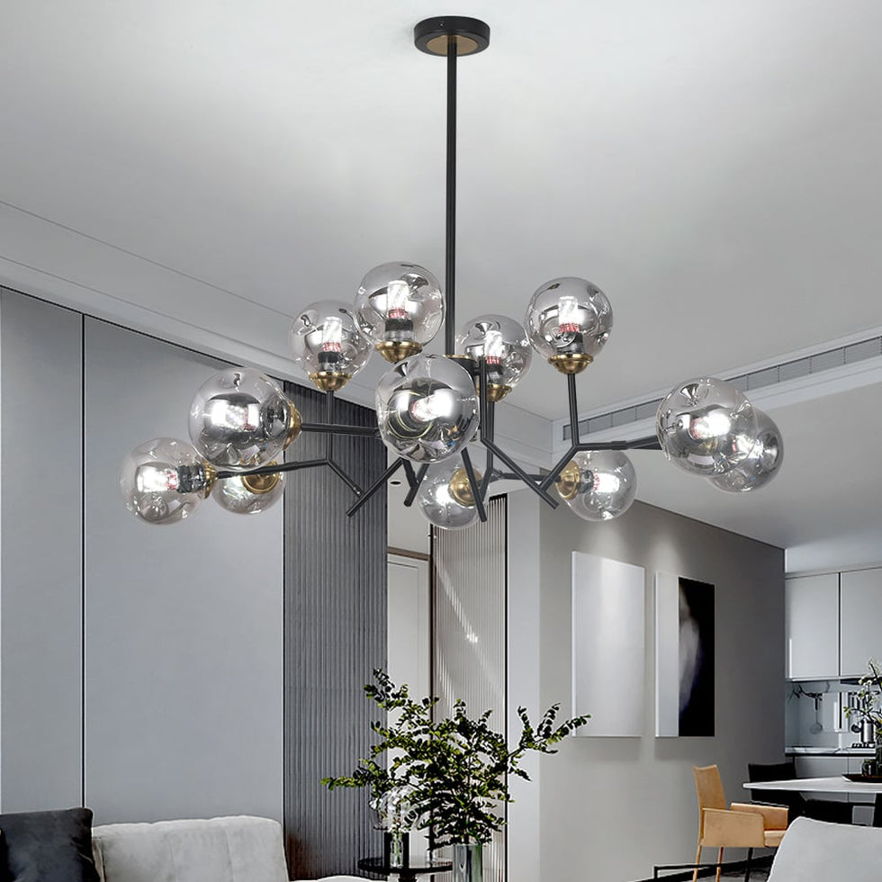 HMR - 12 Light Black Chandelier with Globe Glass Shade Modern Pendant Light for Living Room