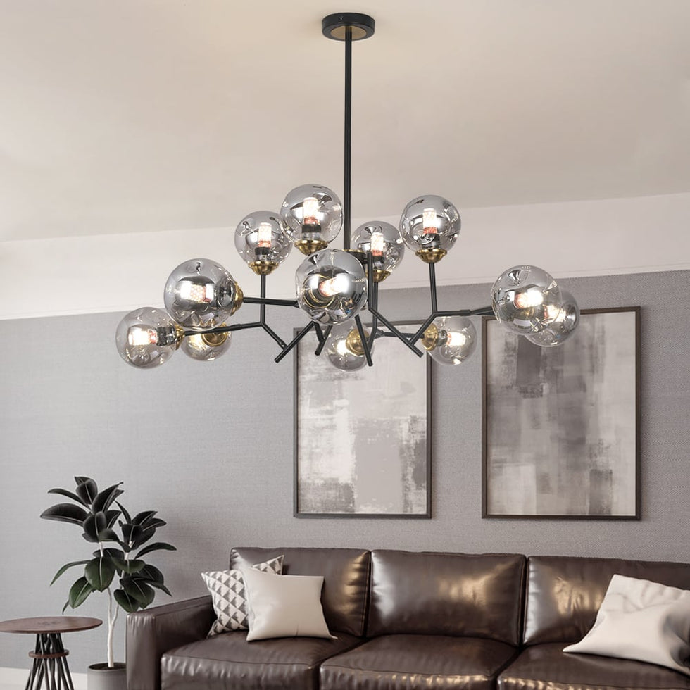 HMR - 12 Light Black Chandelier with Globe Glass Shade Modern Pendant Light for Living Room
