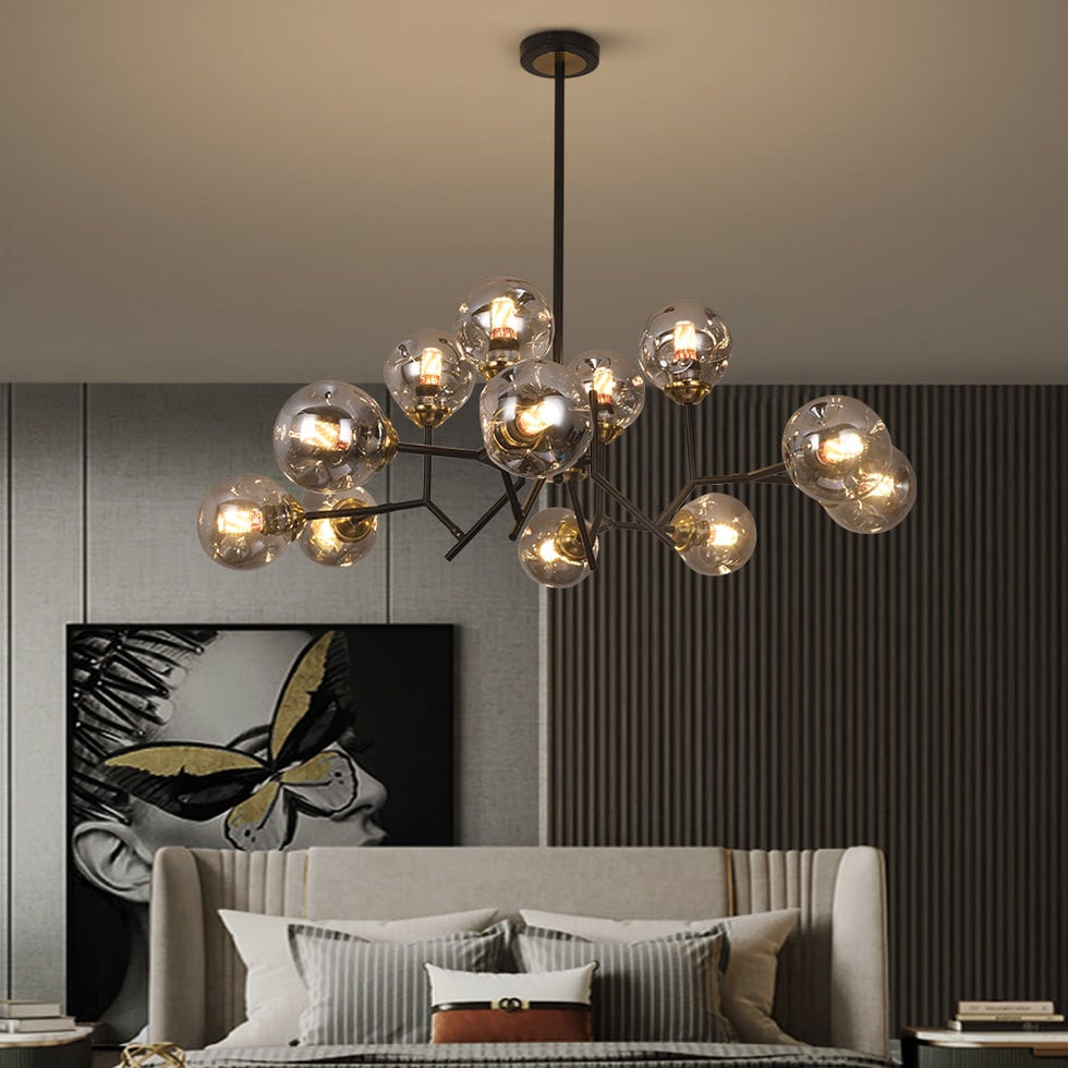 HMR - 12 Light Black Chandelier with Globe Glass Shade Modern Pendant Light for Living Room