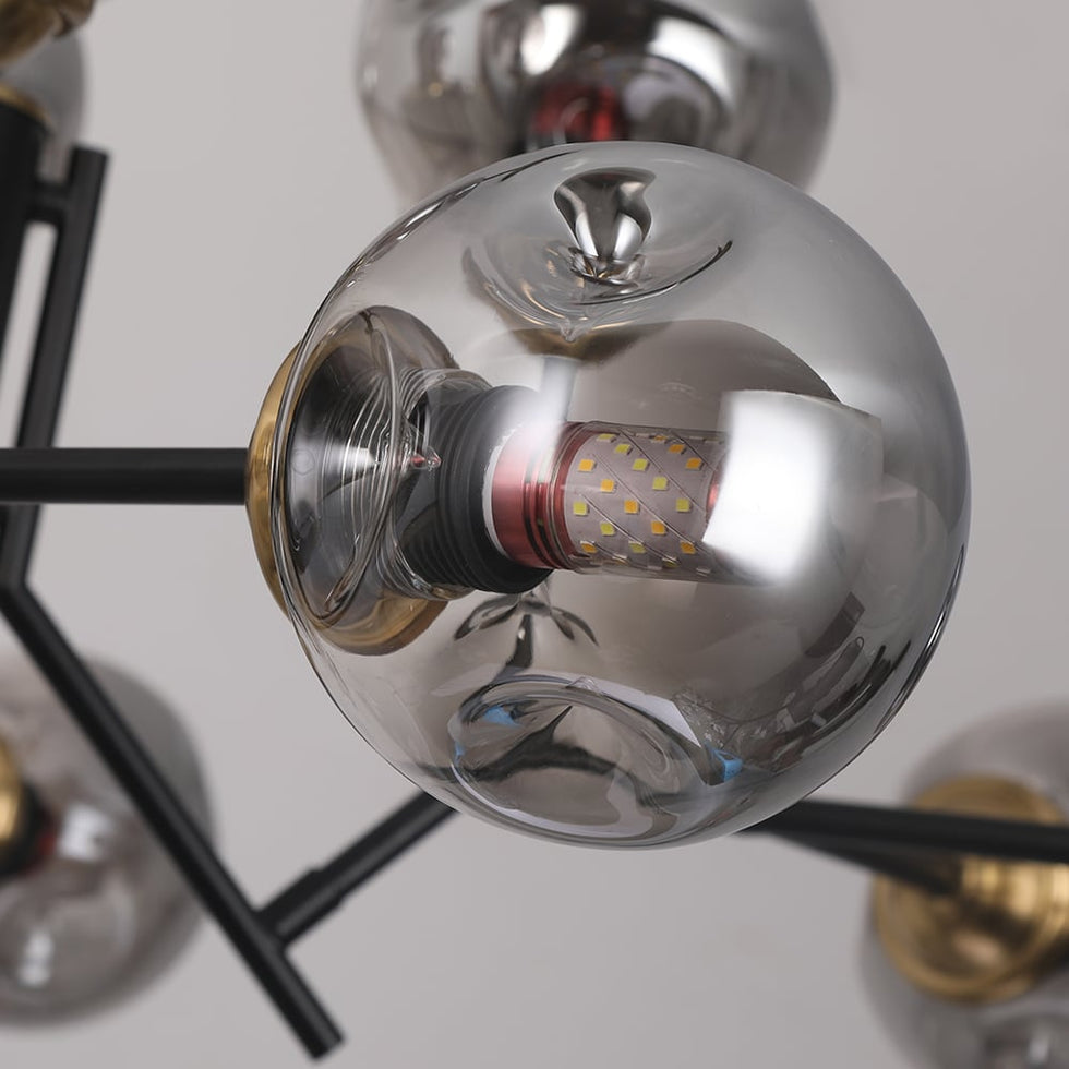 HMR - 12 Light Black Chandelier with Globe Glass Shade Modern Pendant Light for Living Room