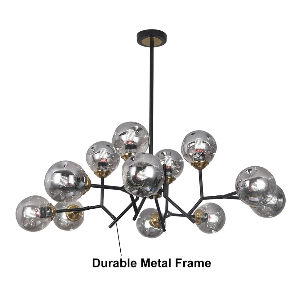 HMR - 12 Light Black Chandelier with Globe Glass Shade Modern Pendant Light for Living Room