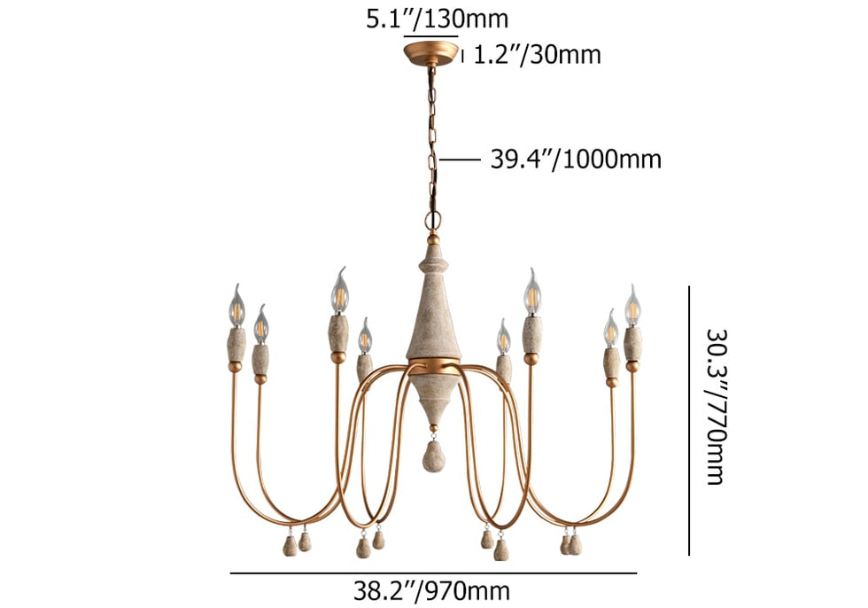 HMR - Mid Century Modern Farmhouse 8-Light Candle-Style Chandelier Wood Pendant Light in Gold