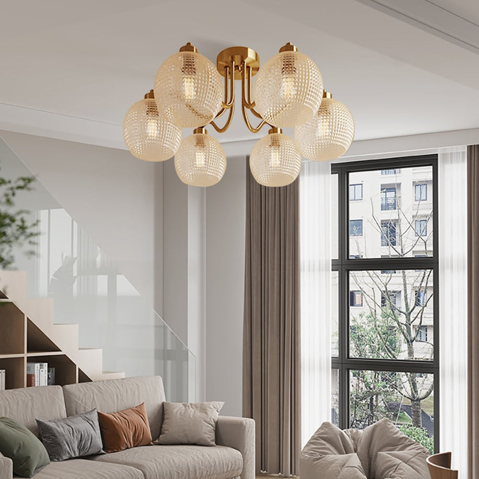 HMR - Retro Gold 6-Bulb Clear Glass Shade Chandelier Globe Semi Flush Mount Ceiling Light