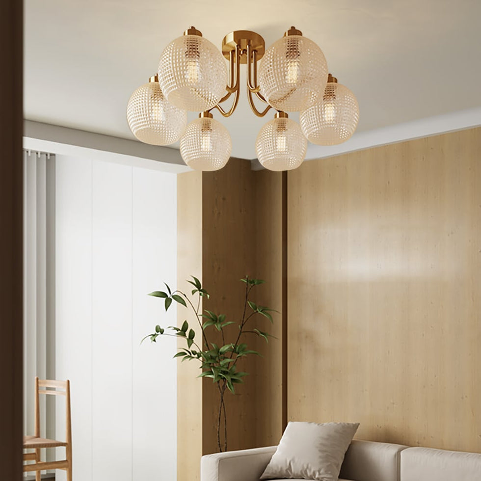 HMR - Retro Gold 6-Bulb Clear Glass Shade Chandelier Globe Semi Flush Mount Ceiling Light