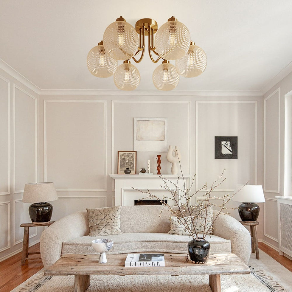 HMR - Retro Gold 6-Bulb Clear Glass Shade Chandelier Globe Semi Flush Mount Ceiling Light