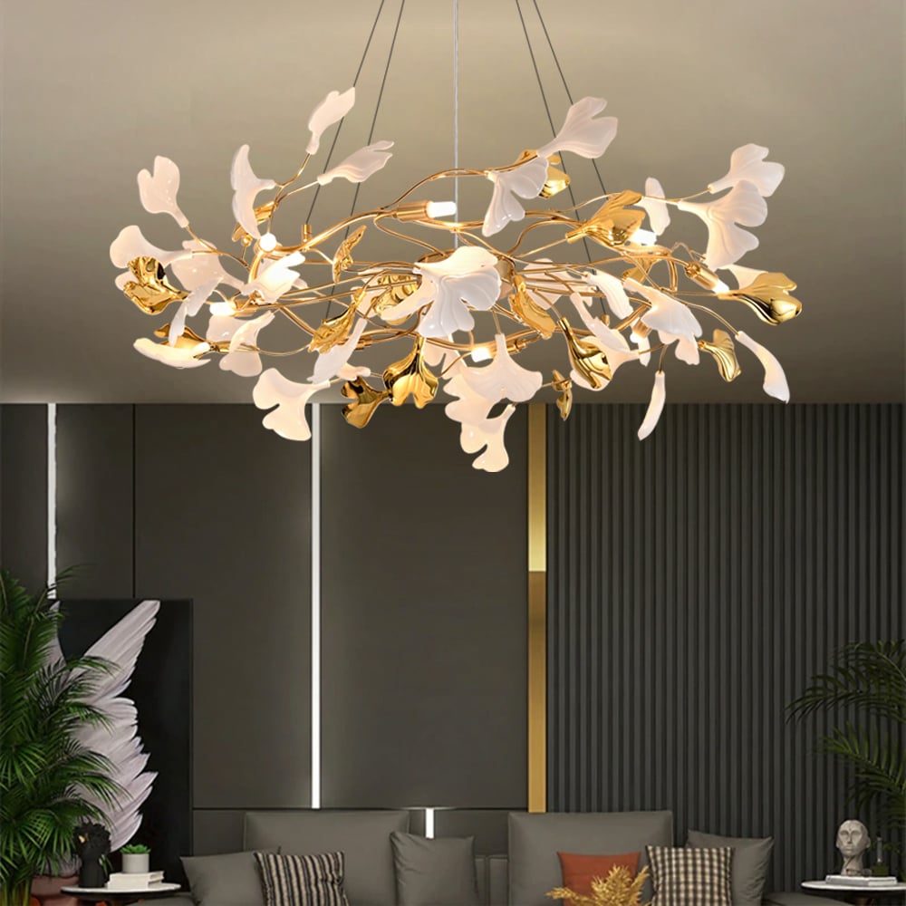 HMR - Martly 8-Light Art Deco Ginkgo Leaves Chandelier White & Gold Metal Ceiling Light