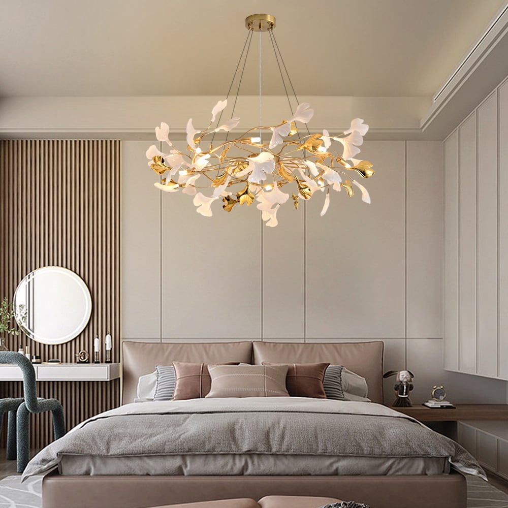 HMR - Martly 8-Light Art Deco Ginkgo Leaves Chandelier White & Gold Metal Ceiling Light