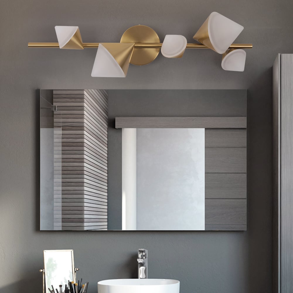 HMR - 5-Light Modern Gold Bathroom Vanity LED Wall Light Fixtures with White Shade