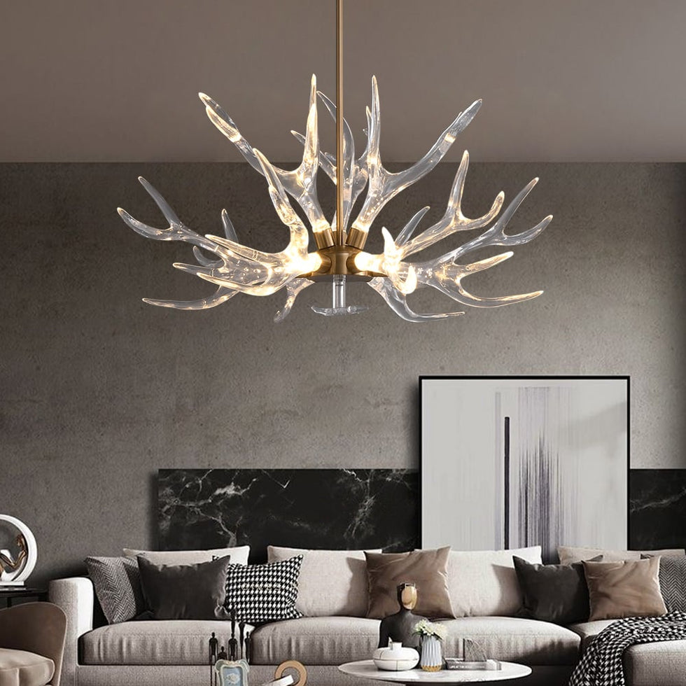 HMR - 9-Light Resin Deer Horn Antler Ceiling Chandelier Lighting in Gold