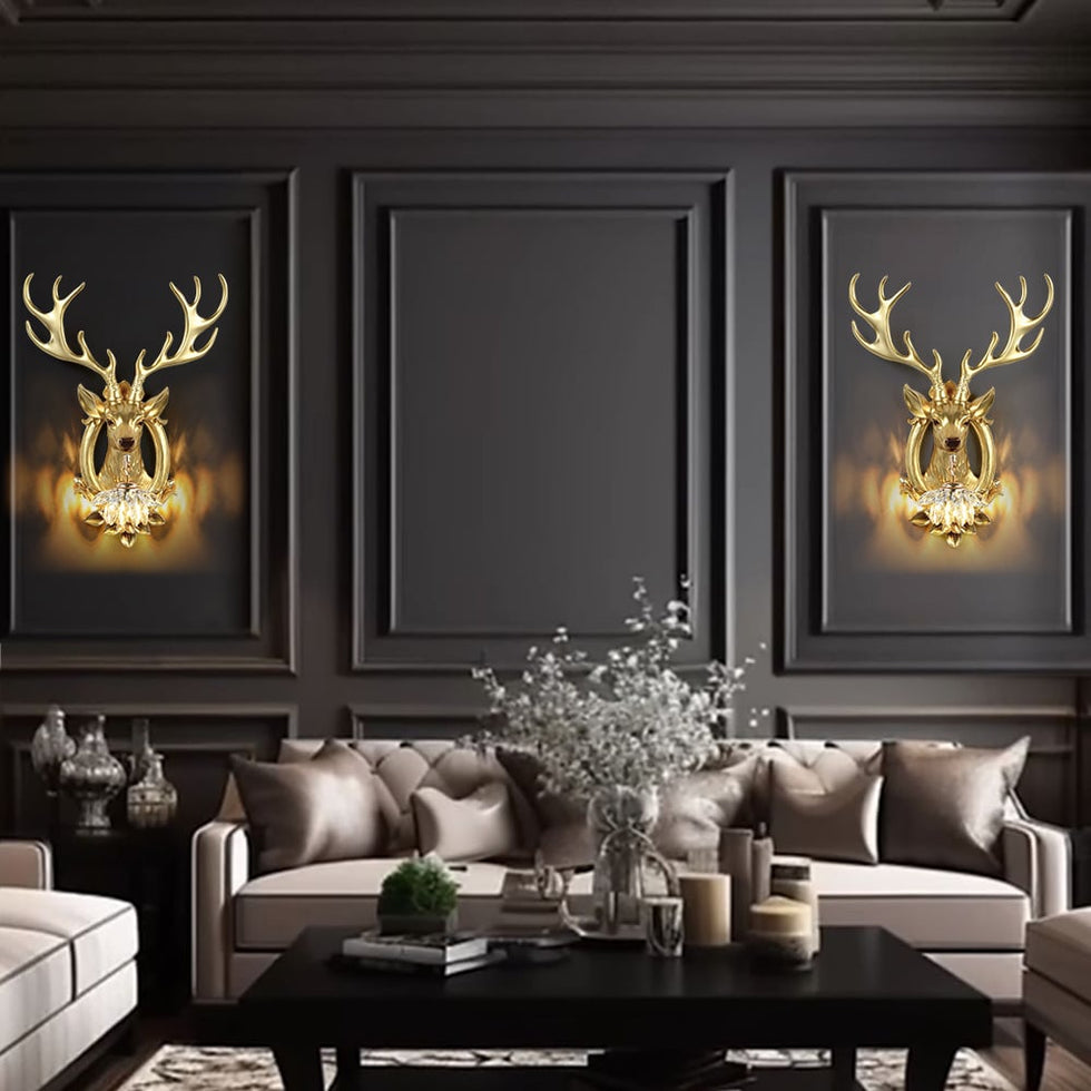 HMR - Europen Retro Gold Deer Resin Wall Sconce 1-Light Indoor Wall Mount Light