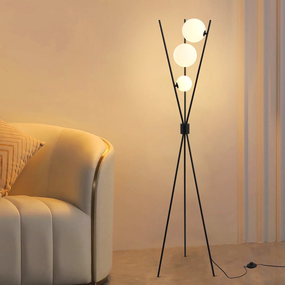 HMR - 3-Light Black Modern Tripod Floor Lamp Bedroom Bedside Standing Light with Glass Shade
