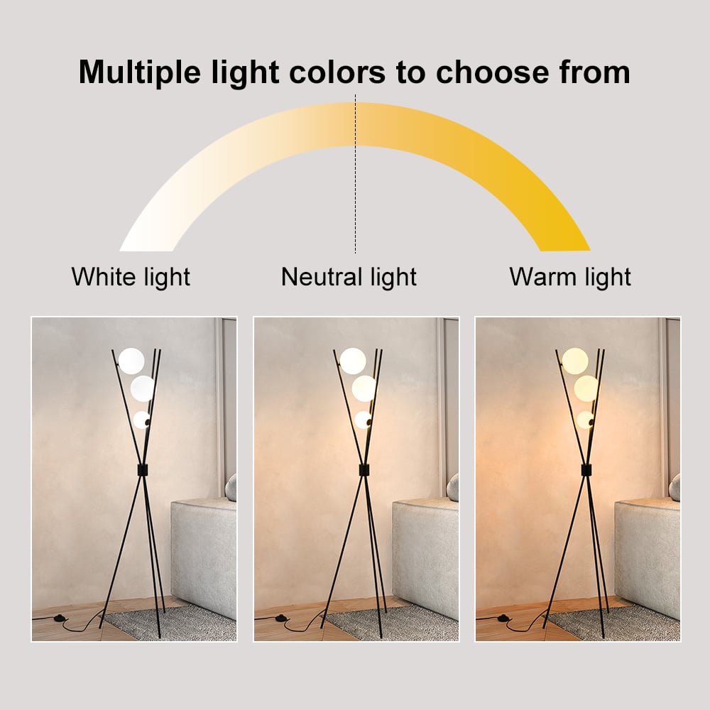 HMR - 3-Light Black Modern Tripod Floor Lamp Bedroom Bedside Standing Light with Glass Shade