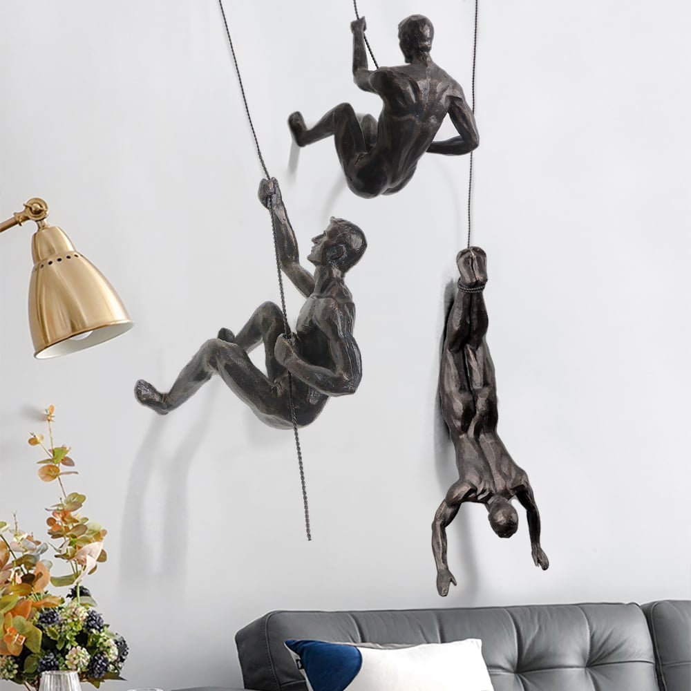 HMR - Industrial 3-Pieces Climbing Man Resin Wall Decor for Living Room & Entryway