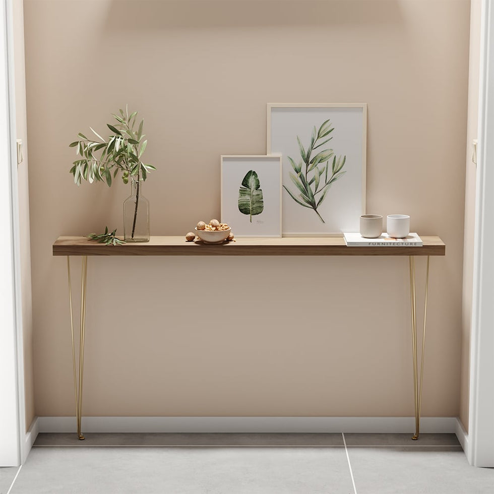 HMR - Rustic Narrow Rectangular 59" Console Table with Wooden Top & Metal Legs