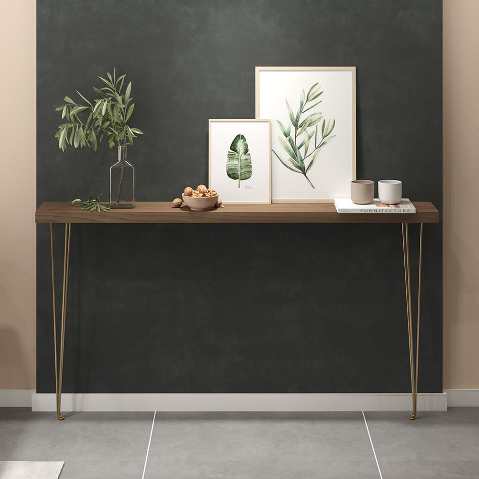HMR - Rustic Narrow Rectangular 59" Console Table with Wooden Top & Metal Legs