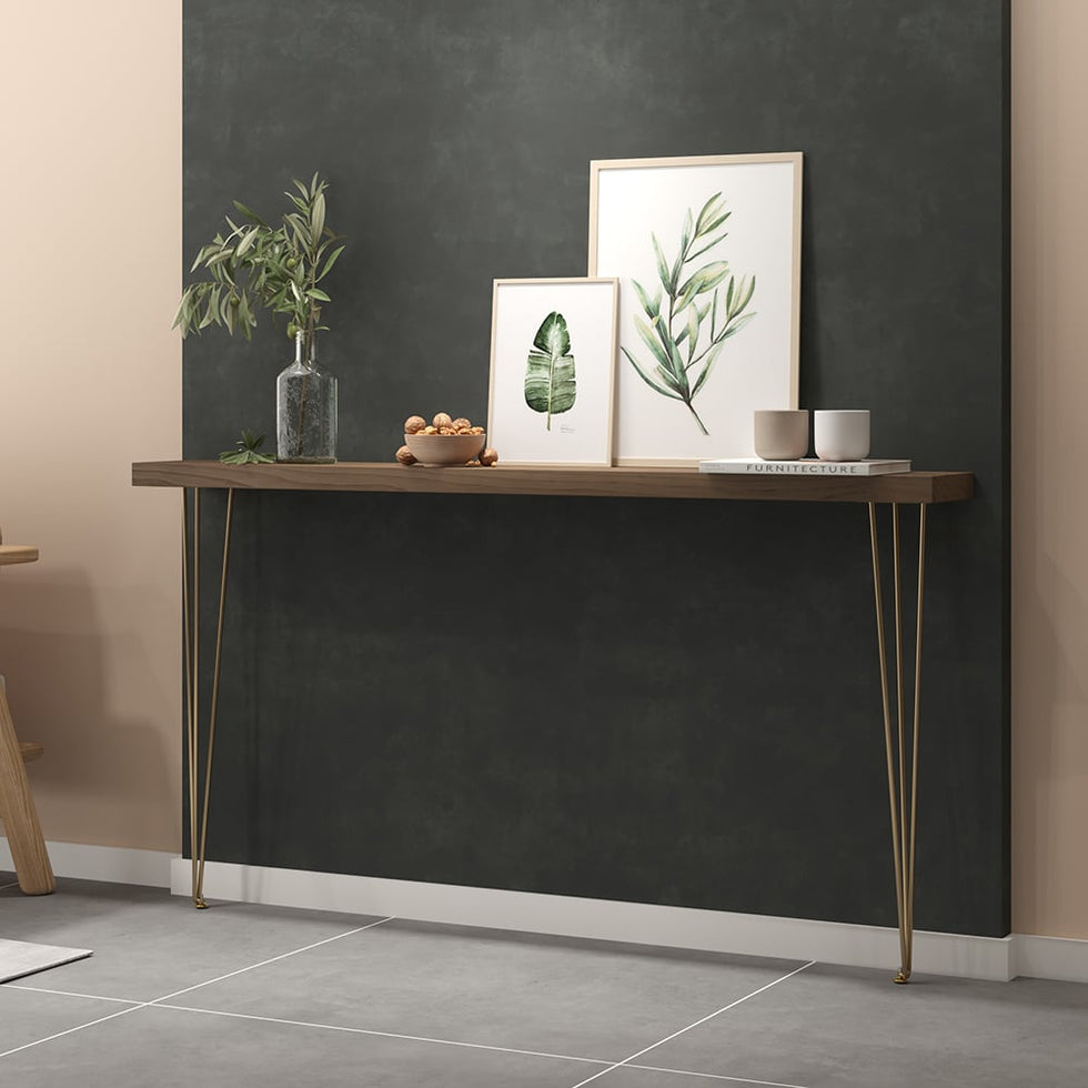 HMR - Rustic Narrow Rectangular 59" Console Table with Wooden Top & Metal Legs