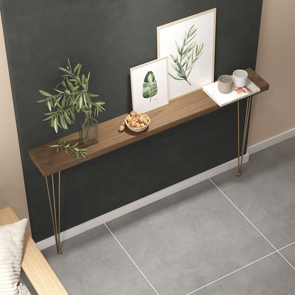 HMR - Rustic Narrow Rectangular 59" Console Table with Wooden Top & Metal Legs
